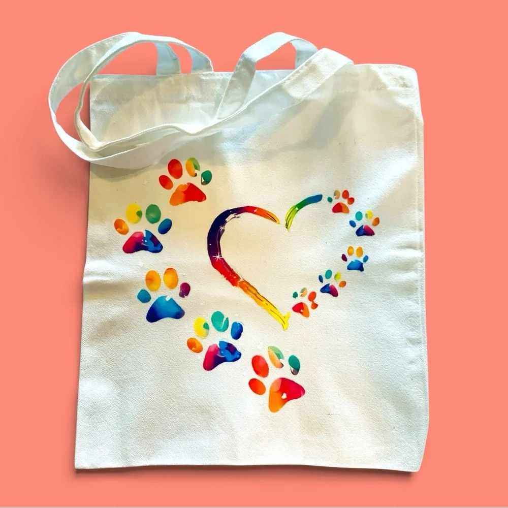 Rainbow Paw Print Heart Canvas Tote Handmade.